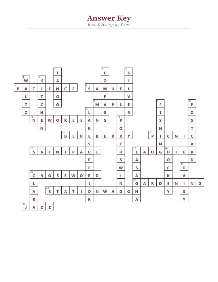 The answer key page of a personalized anniversary crossword