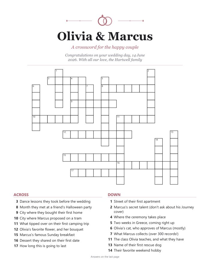 A personalized wedding crossword with the couple's names as the title and their own clues