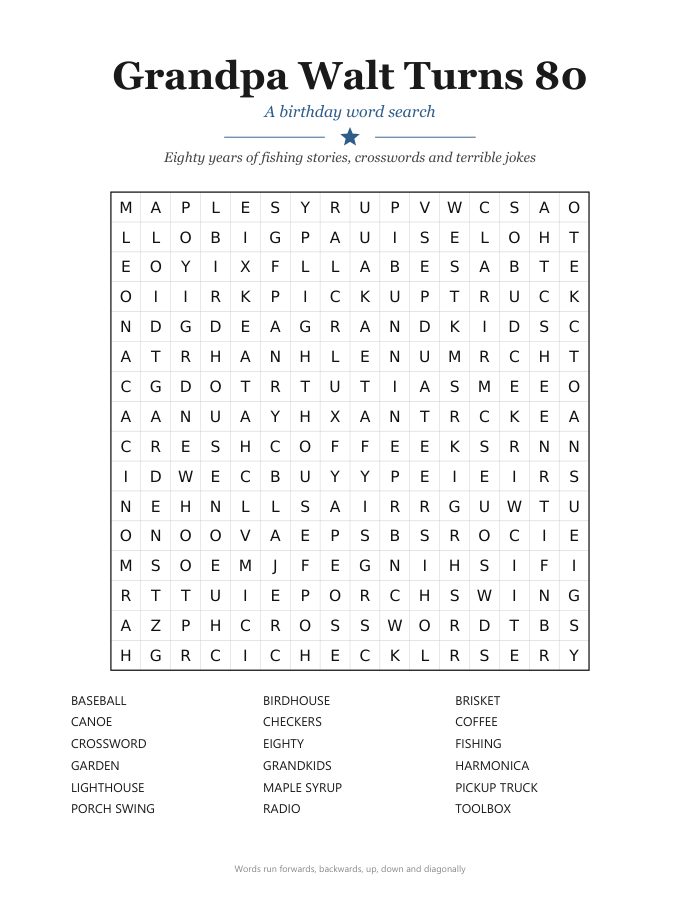 A personalized 80th birthday word search with the family's own words